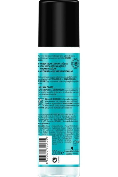 Million Gloss Yoğun Parlaklık Veren Durulanmayan Sıvı Saç Kremi 200 ml X 2 Adet